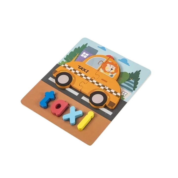 Puzzle din lemn, Taxi, 8 piese, multicolor, 2 ani+