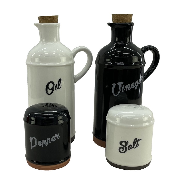 Oliviera CULINARO HELLA BLACK&WHITE, 4 piese din portelan, sticle ulei si otet, solnita si pipernita