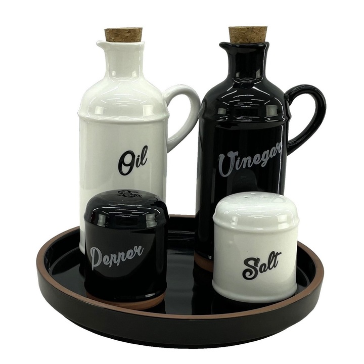 Oliviera CULINARO HELLA BLACK&WHITE, 5 piese din portelan, sticle ulei si otet, solnita si pipernita, suport negru