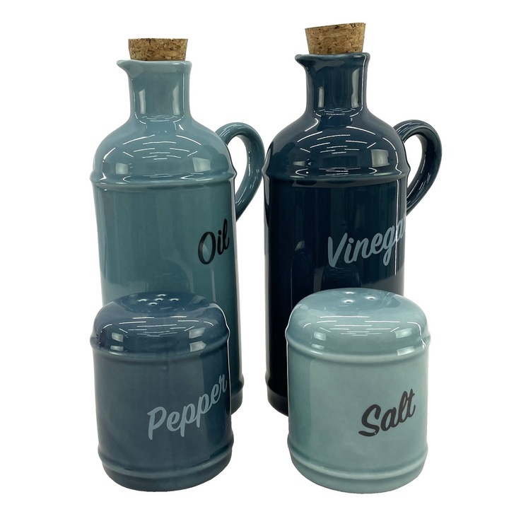 Oliviera CULINARO HELLA BLUE, 4 piese din portelan, sticle ulei si otet, solnita si pipernita