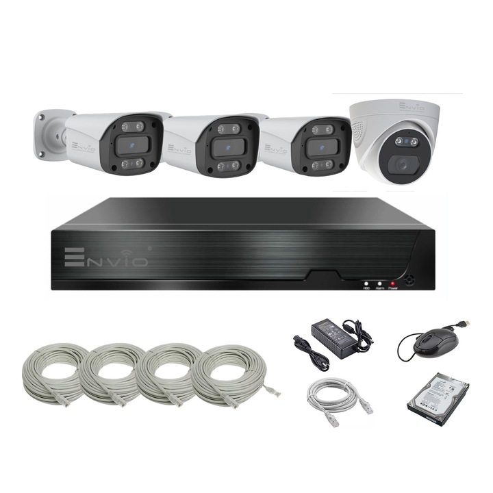 Sistem supraveghere video complet ENVIO IP POE cu 4 camere Full Color 5MP PESS-KIT4CH3BFM60H5001DFM70H500S-WMHDD