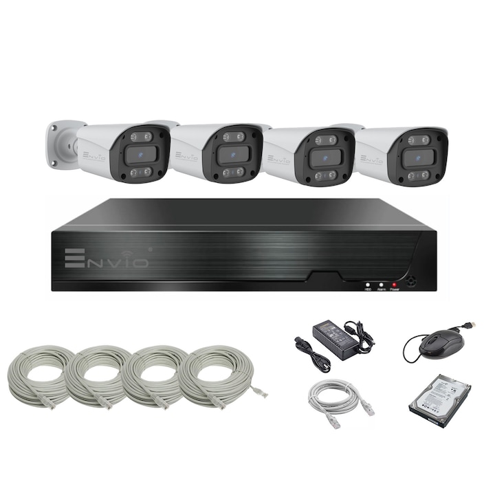 Sistem/ kit supraveghere video ENVIO IP POE cu 4 camere Full Color 5MP PESS-KIT4CHBFM60H500S-WMHDD