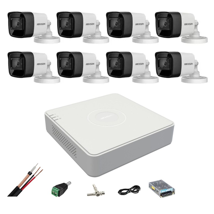 Hikvision 8 kamerás megfigyelő rendszer 4 az 1-ben 8 MP, 3,6 mm, IR 80 m, 8 csatornás DVR, rögzítési tartozékok