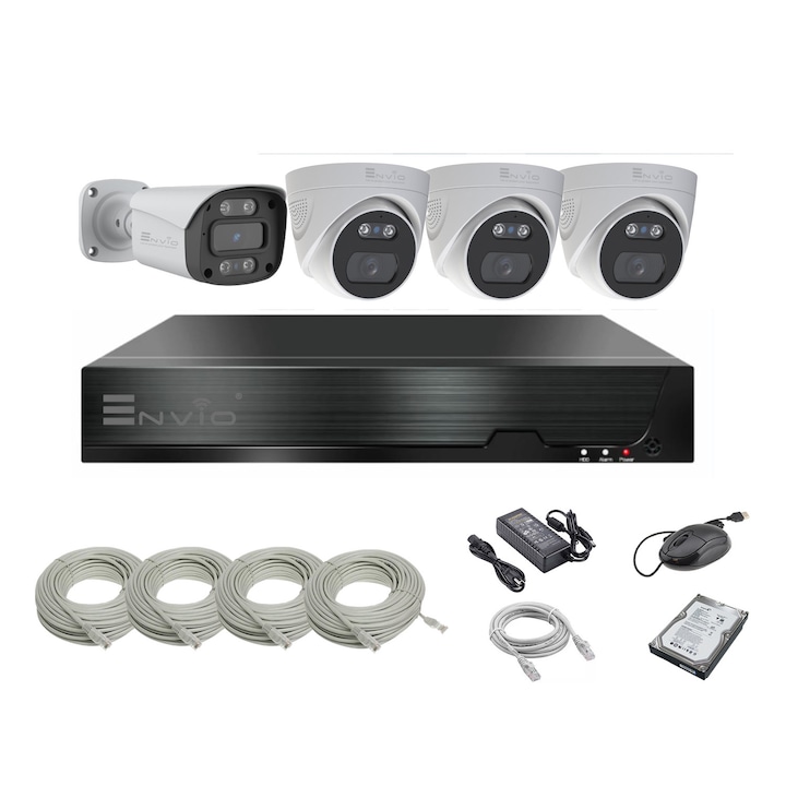 Kit supraveghere video ENVIO IP POE cu 4 camere Full Color 5MP PESS-KIT4CHDFM70H500S-WMHDD
