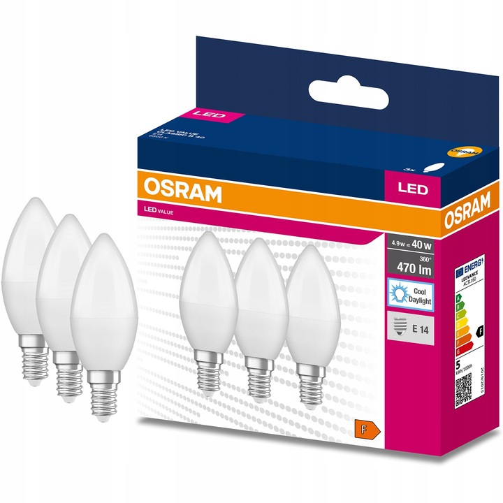 3x LED izzókészlet, Osram, E14 B35, 4.9W 40W, 470lm, 6500K, Hideg fehér