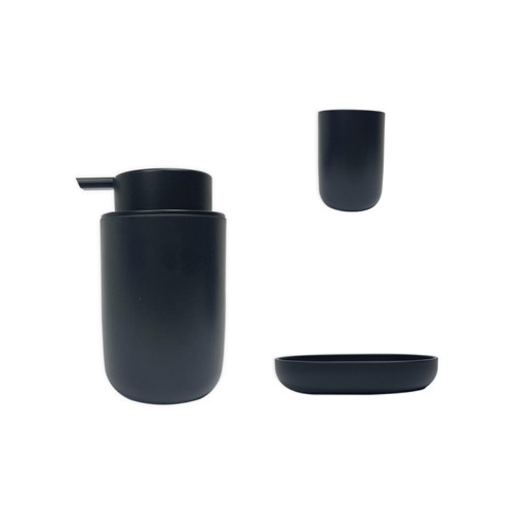 Set dozator, pahar si savoniera, Frandis, polipropilena si fibra vegetala, negru