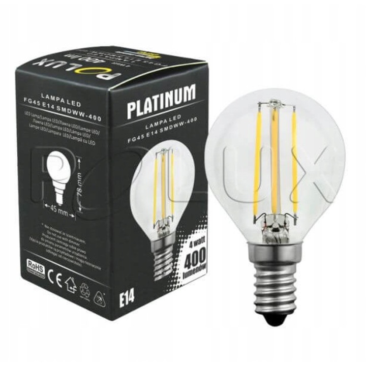 Bec LED, Polux, Filament, E14, 4W, 3000K, Alb