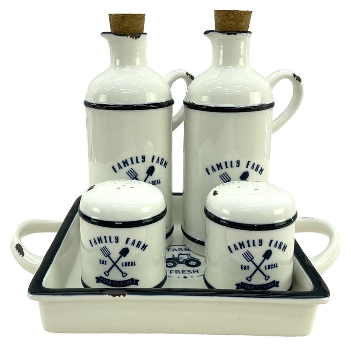 Oliviera din portelan RETRO FARM, 5 piese, sticle ulei si otet de 450ml, solnita si pipernita, suport patrat