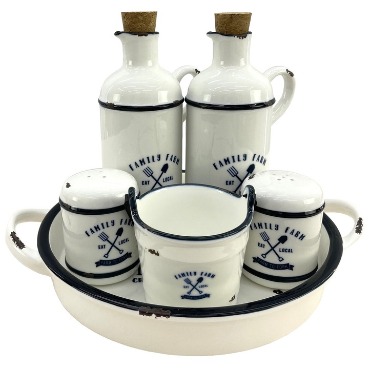 Oliviera din portelan RETRO FARM, 6 piese, sticle ulei si otet de 450ml, solnita si pipernita, galetusa servire, suport rotund