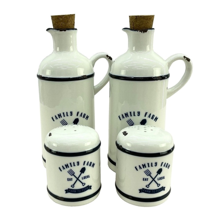 Oliviera din portelan RETRO FARM, 4 piese, 2 sticle de ulei si otet de 450ml, solnita si pipernita