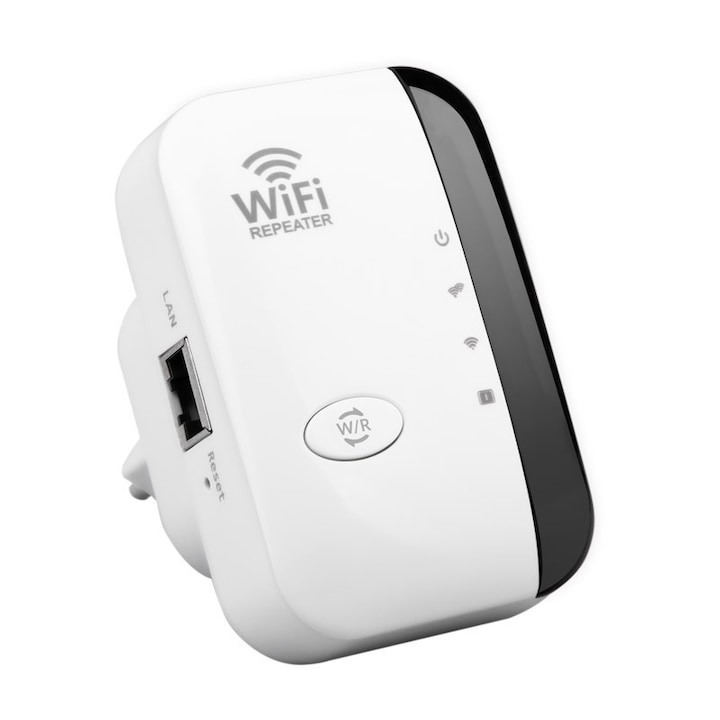 Amplificator Semnal Retea Wireless-N, WiFi Repeater transmisie 300Mbps, 802.11n b.g., 2.4GHz WLAN, Functie WPS cu Port LAN RJ-45 si Antene Integrate, Alb