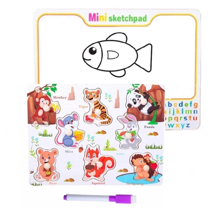 Set 2 in 1, puzzle incastru si tablita din lemn cu animale salbatice, tablita de scris si marker, 13 piese, Unitoys
