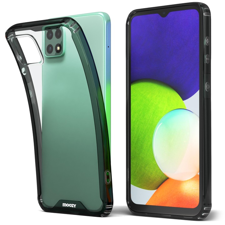 Hibrid tok kerettel, Moozy, Samsung Galaxy A22 5G-hez, Fekete / Átlátszó, Műanyag