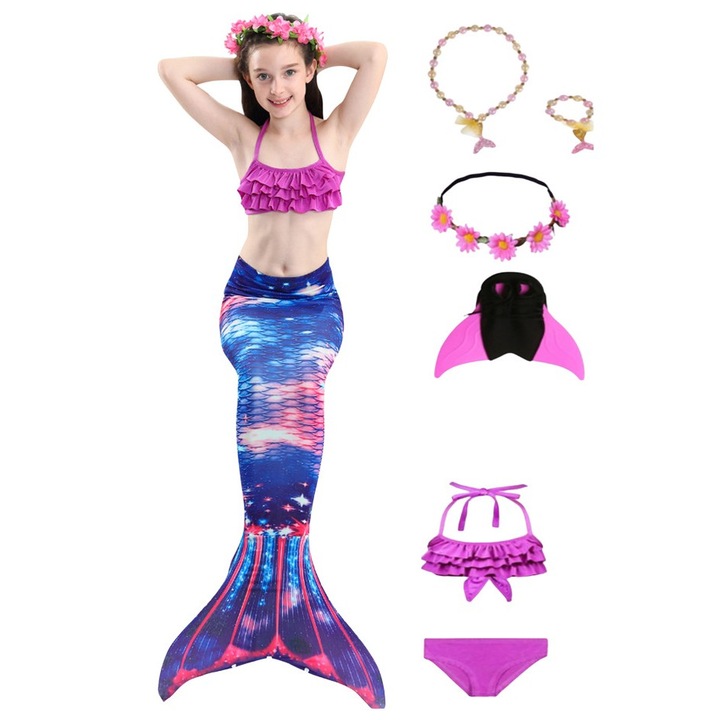 Комплект бански костюм, от 7 части, Mermaid Princess Ariel THK®, Виолетов/Син/Карибско синьо