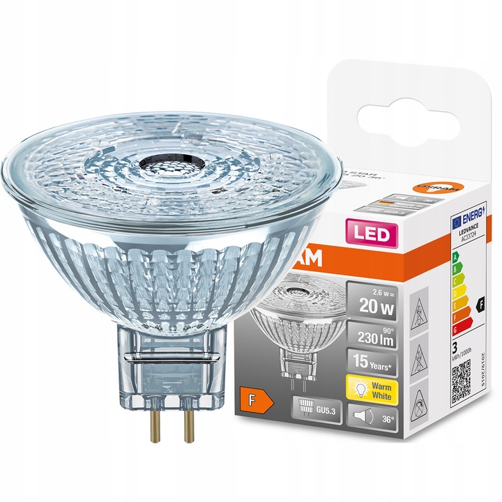 LED крушка, Osram, GU5.3, MR16, 2.6W 20W, 230lm, 2700K, Топло бяло