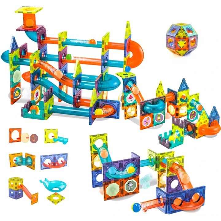 Set 148 piese magnetice de construit educational si creativ pentru copii, SOLTOY® Magnet Blocks Labyrinth, numeroase posibilitati de construire