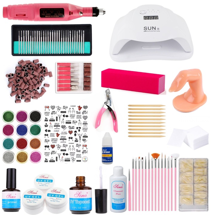 Kit unghii false, Lampa unghii UV LED 54w, freza pila electrica unghii 20.000 rpm, si degresant, top, baza, pensule, accesorii nail art pentru manichiura si pedichiura