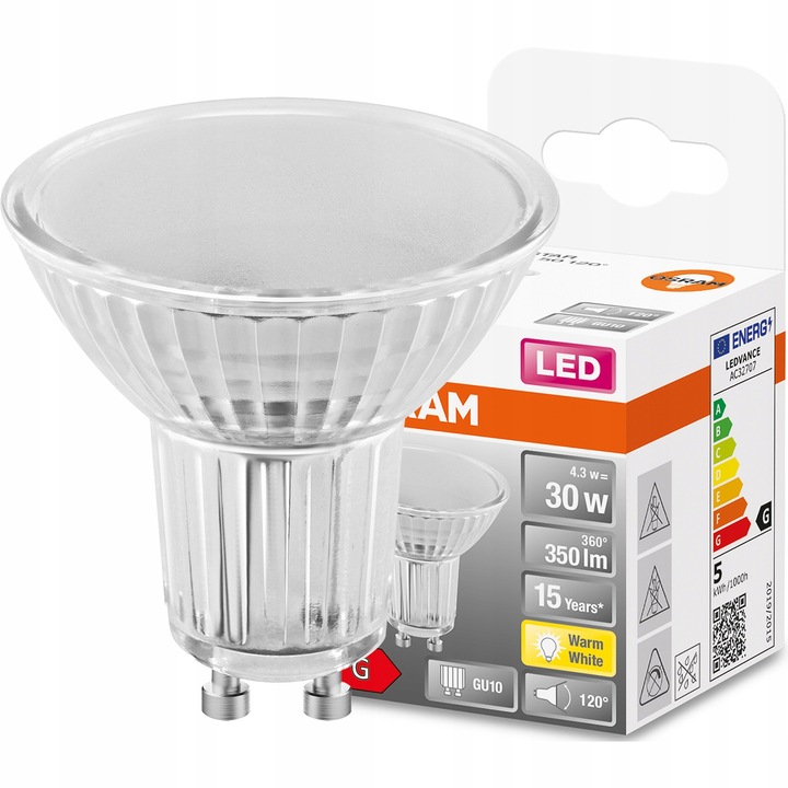 LED крушка, Osram, GU10, 4.3W = 30W, 350lm, 2700K, Топло бяло