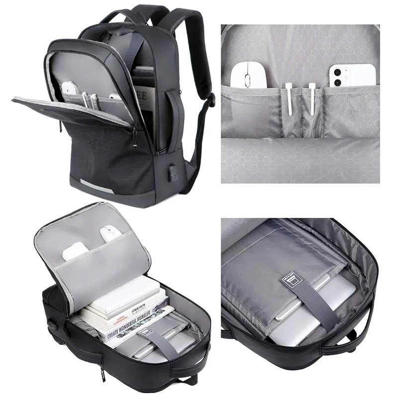 Rucsac laptop 15.6", casual business pentru calatorii, expandabil, cu port de incarcare USB, Escalate, 35x15/20x44 cm, Negru oxford