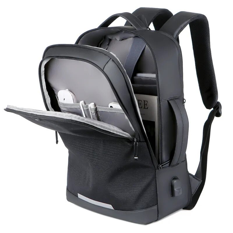 Rucsac laptop 15.6", casual business pentru calatorii, expandabil, cu port de incarcare USB, Escalate, 35x15/20x44 cm, Negru oxford