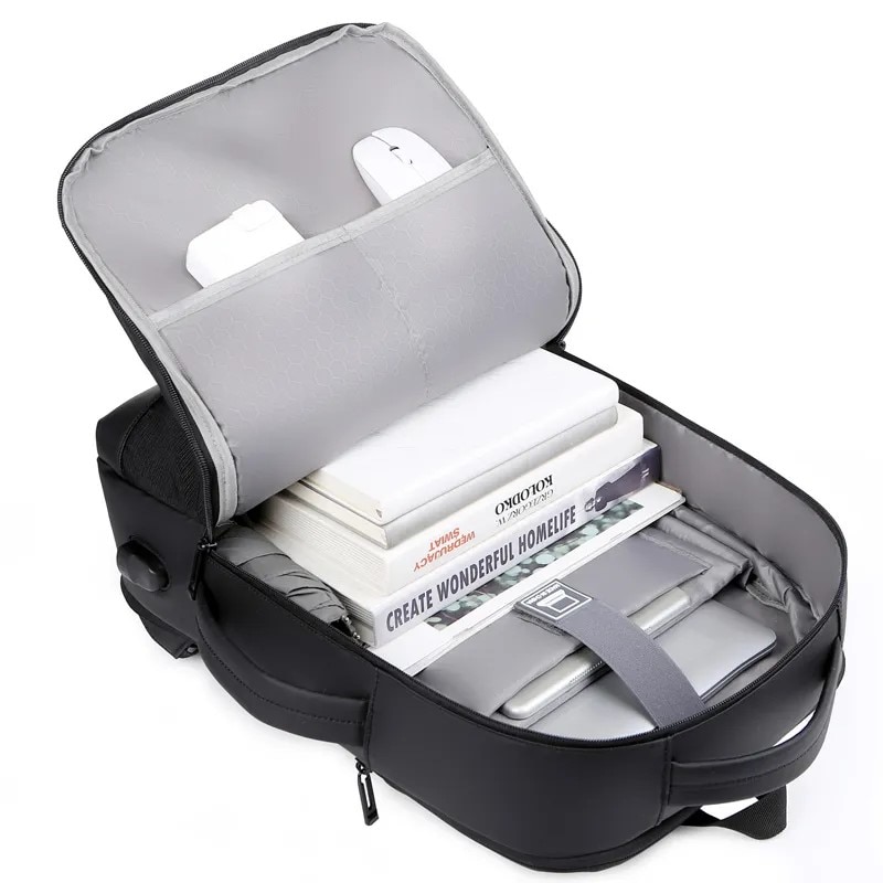 Rucsac laptop 15.6", casual business pentru calatorii, expandabil, cu port de incarcare USB, Escalate, 35x15/20x44 cm, Negru oxford