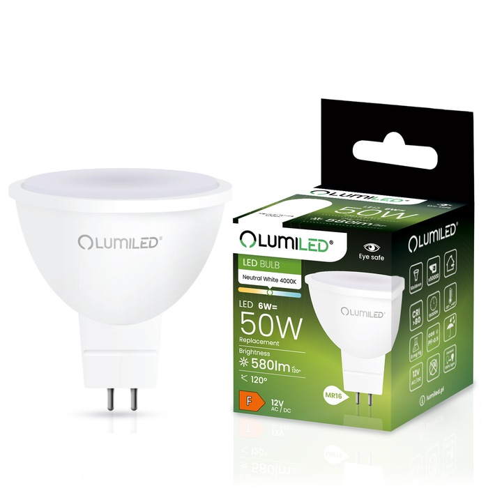 Lumiled LED крушка, GU5.3, MR16, 6W = 50W, 580 lm, 4000K, 12V, AC/DC, Неутрално бяла