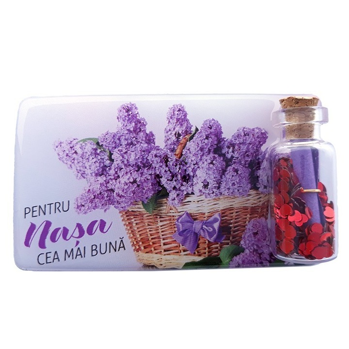 Magnet din plastic cu flori si dedicatie pentru nasa, cu sticluta cu inimi si sul din hartie