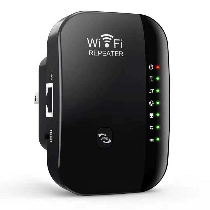 Amplificator Semnal Retea Wireless-N, WiFi Repeater transmisie 300Mbps, 802.11n b.g., 2.4GHz WLAN, Suporta WPA2, WPA si WEP9, Functie WPS cu Port LAN RJ-45 si Antene Integrate, Negru