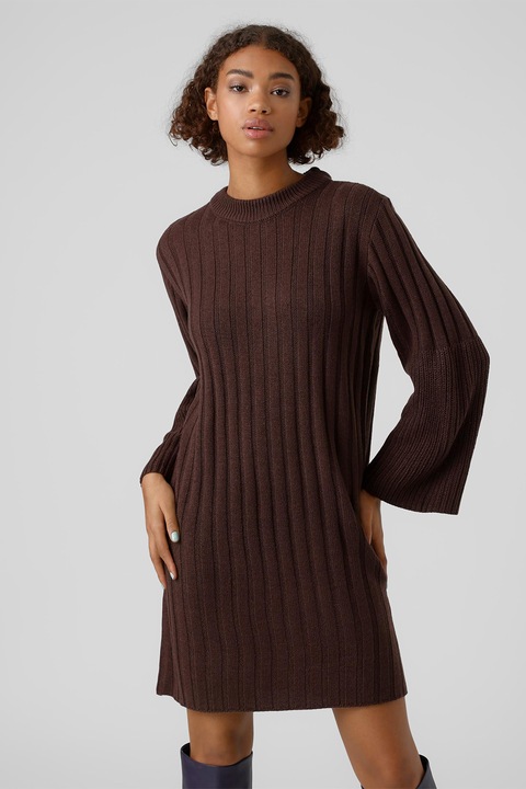 Vero Moda, Рипсена рокля тип пуловер с овално деколте Layla, Тъмнокафяв