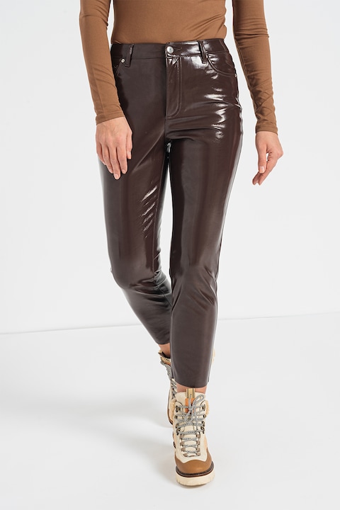 Vero Moda, Лачен панталон Brenda с висока талия, Тъмнокафяв