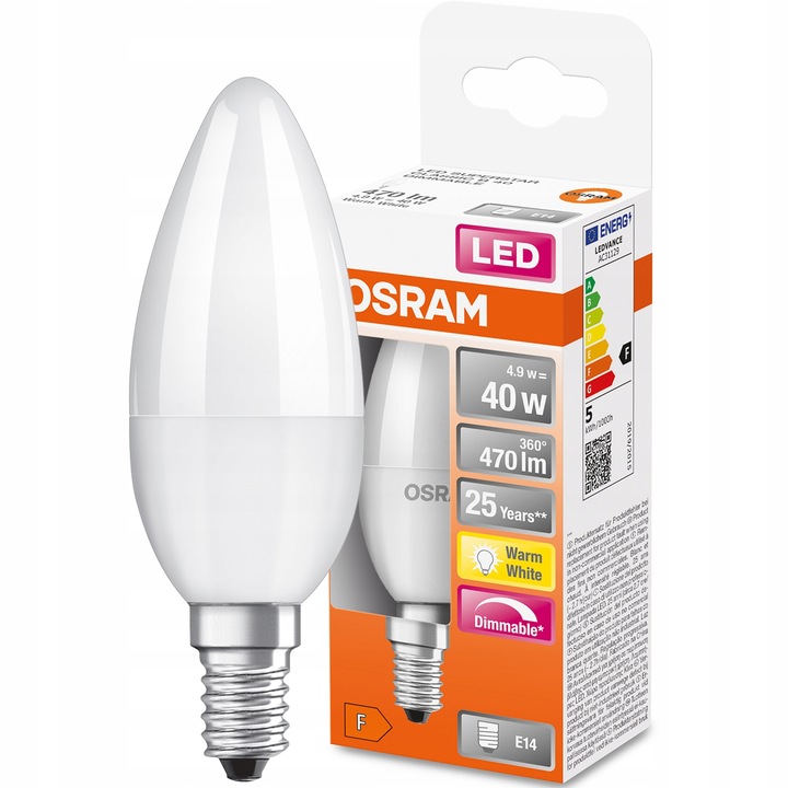 Bec LED, Osram, E14, B35, 4.9W = 40W, 470lm, 2700K, Alb cald