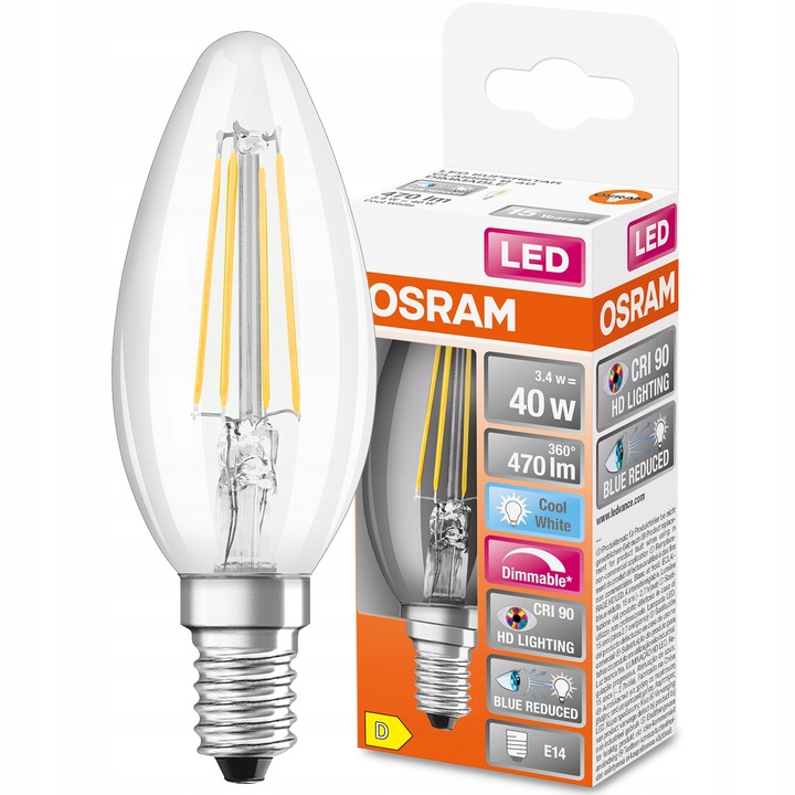 Bec LED, Osram, filament, E14, B35 3.4W = 40W, 470lm, 4000K, Alb neutru