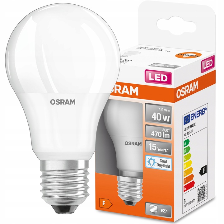 LED izzó, Osram, E27 A60, 4.9W = 40W, 470lm, 6500K, hideg fehér