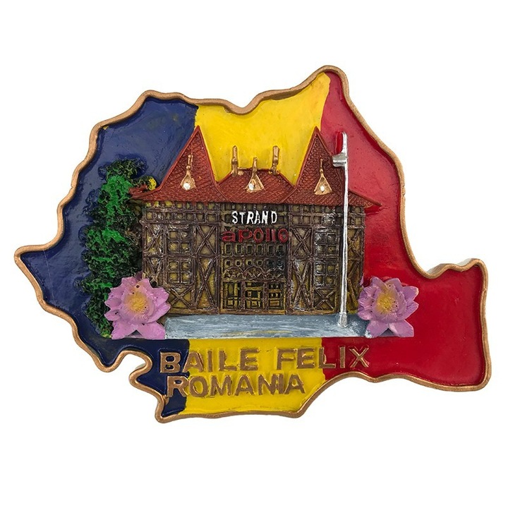 Aplica din rasina in forma de harta cu Baile Felix, 14x10 cm