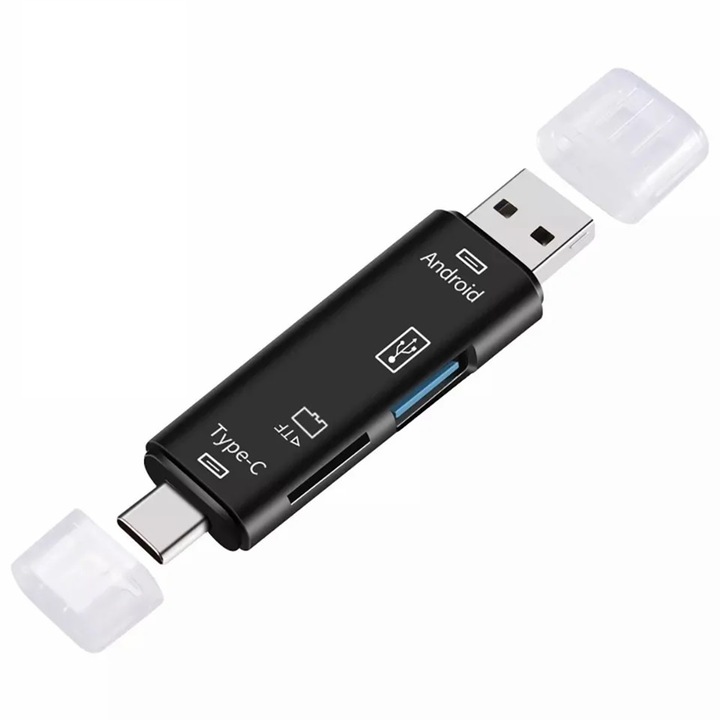 Универсален високоскоростен 5 в 1 USB хъб и Card Reader, Модел Combo 5, Type C, Usb, Micro Usb, Tf, SD Memory Card Reader, OTG Card Reader, Черен