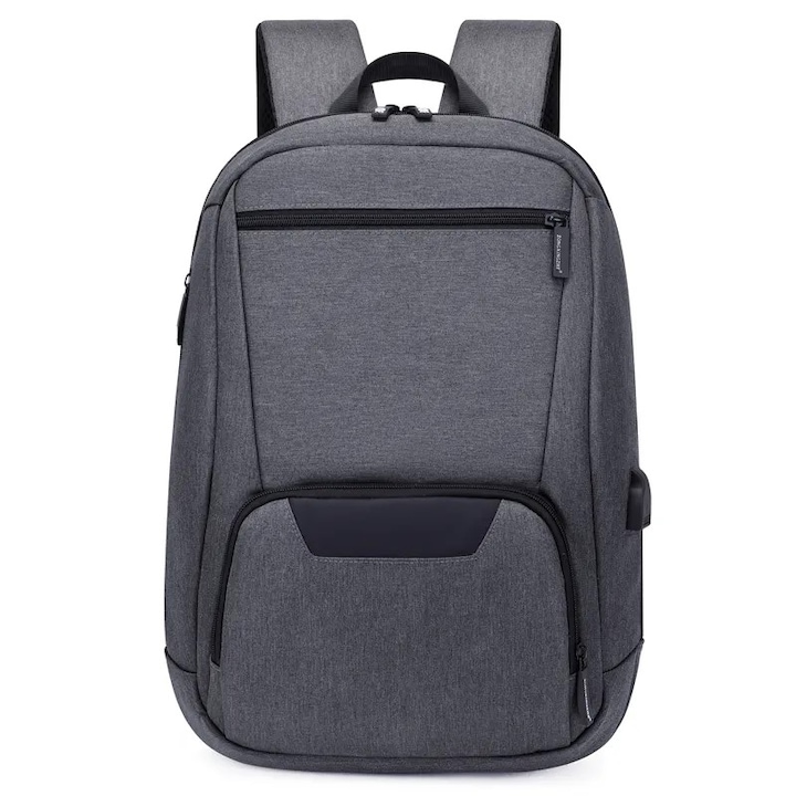 Rucsac laptop 15.6" smart casual impermeabil, cu port USB, Escalate, 46x30x10 cm, Gri inchis