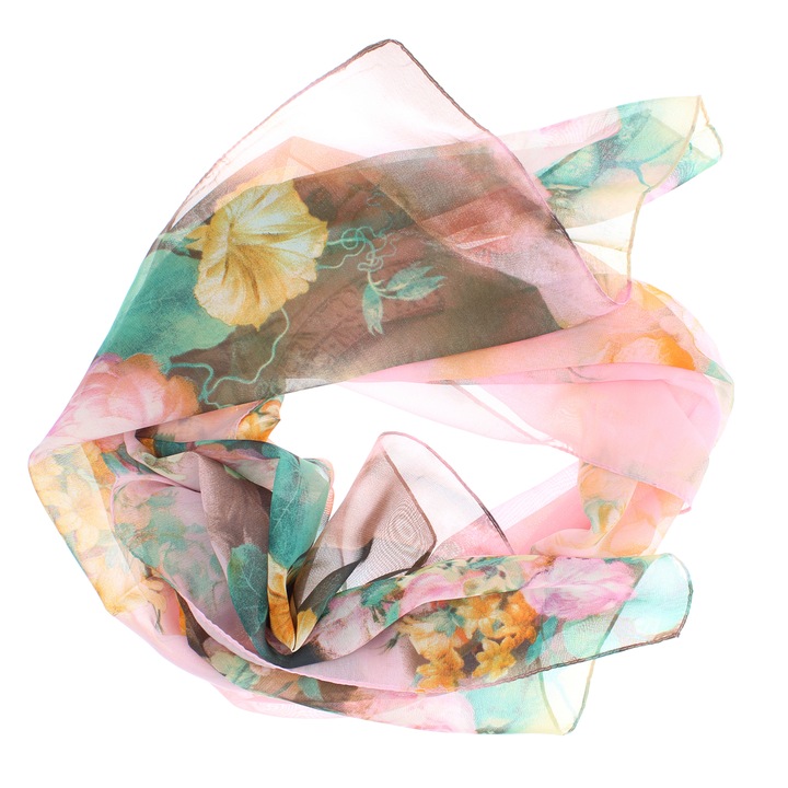 Esarfa, de dama, Buticcochet, din poliester, cu imprimeu floral, 50x160 cm, Roz pal - ES1706