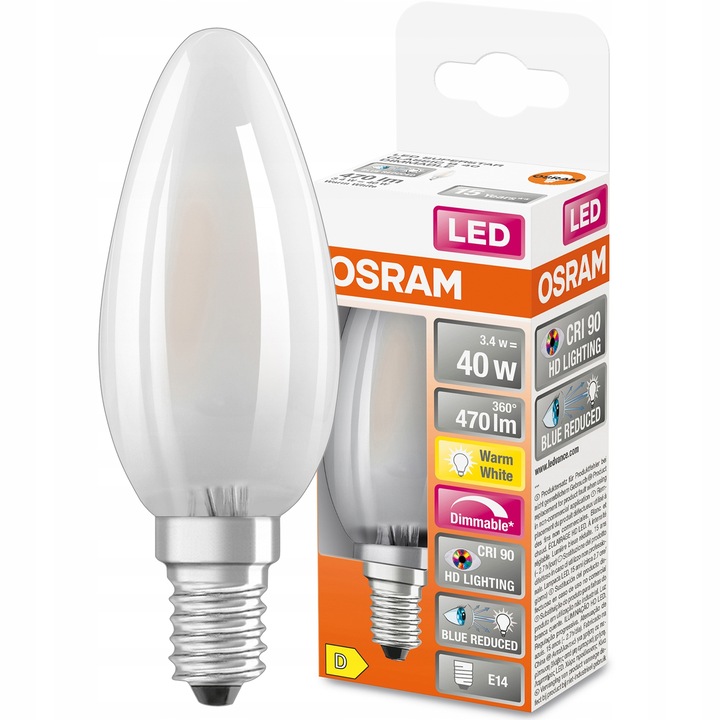 LED izzó, Osram, E14, B35, 3.4W = 40W, 470lm, 2700K, meleg fehér
