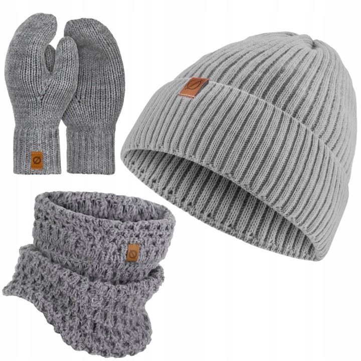 Set 3 in 1, Caciula/Guler/Manusi, Acril, Circumferinta 56-58, Gri