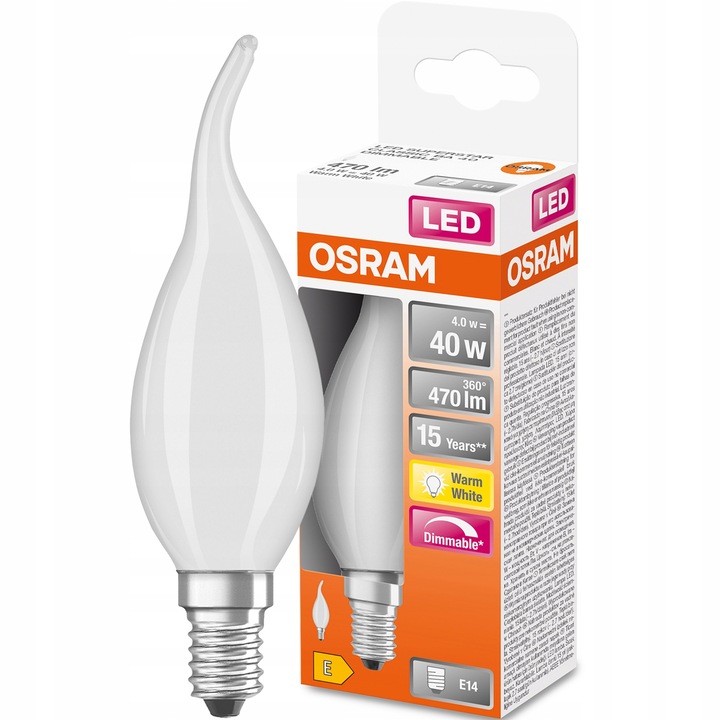 LED izzó, Osram, E14 BA35, 4W = 40W, 470lm, 2700K, Meleg fehér