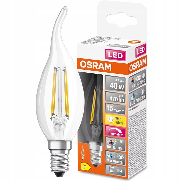 LED izzó, Osram, izzószál, BA35, E14, 3.4W = 40W, 470lm, 2700K, meleg fehér