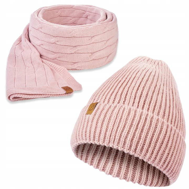 Set de iarna, Caciula/Esarfa, 2 in 1, Circumferinta 55-58, Acril, Roz