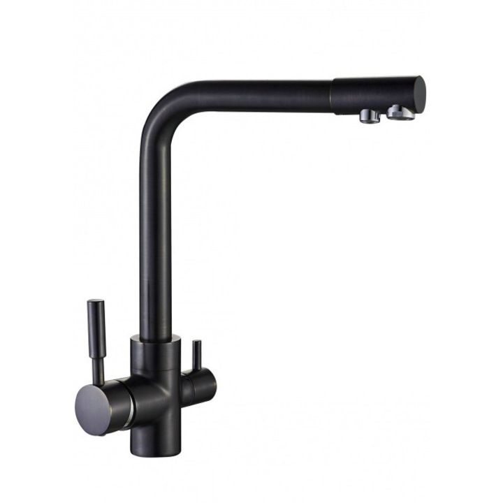 Смесител троен, студена, топла и чиста вода, модерен стил, черен с ретро драскотини от ръжда