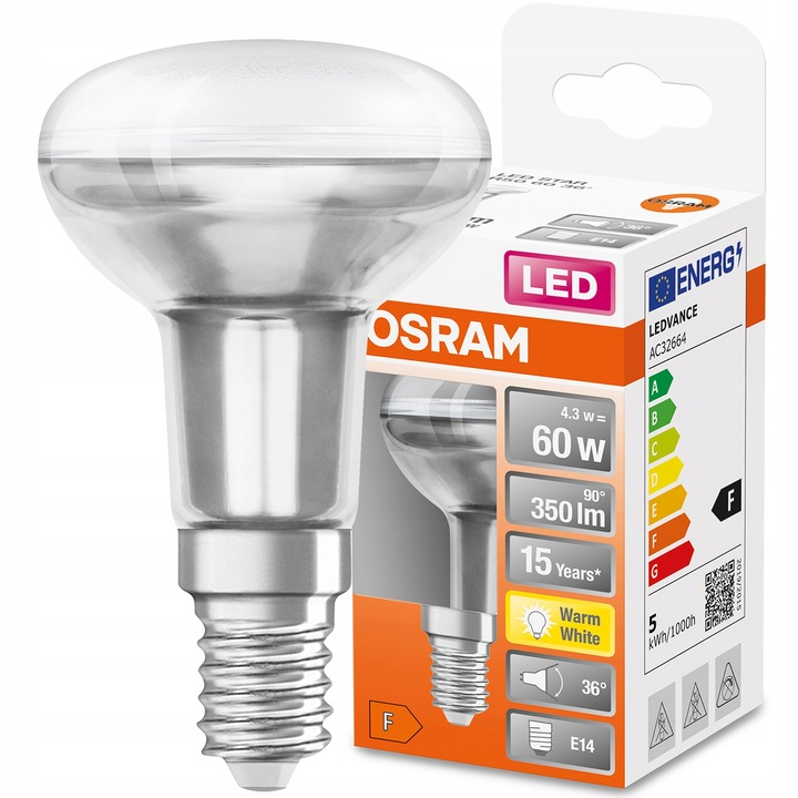 Bec LED, Osram, E14 R50, 350lm, 2700K, Alb cald