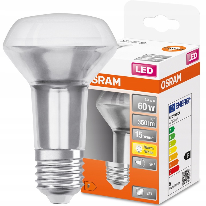 LED izzó, Osram, E27 R63, 4.3W = 60W, 350lm, 2700K, meleg fehér
