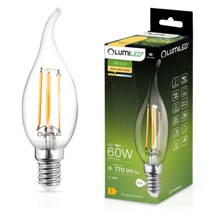 Set 6 becuri LED, lumanare decorativa, E14, BA35, 7W = 60W, 770lm, 3000K, Alb cald, LUMILED