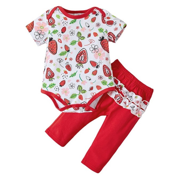 Body Fetite Cu Pantaloni Rosu model Capsune, Rosu, 65-70 CM