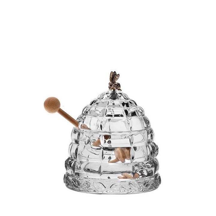 Borcan Cristal Bohemia pentru depozitare miere cu bat special de degustare,13 cm