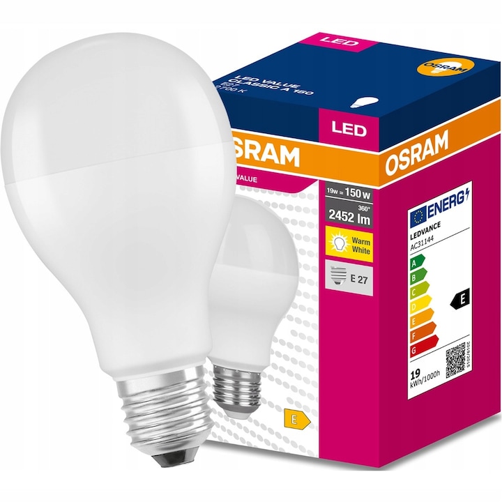LED izzó, Osram, E27 A60, 19W = 150W, 2452lm, 2700K, meleg fehér