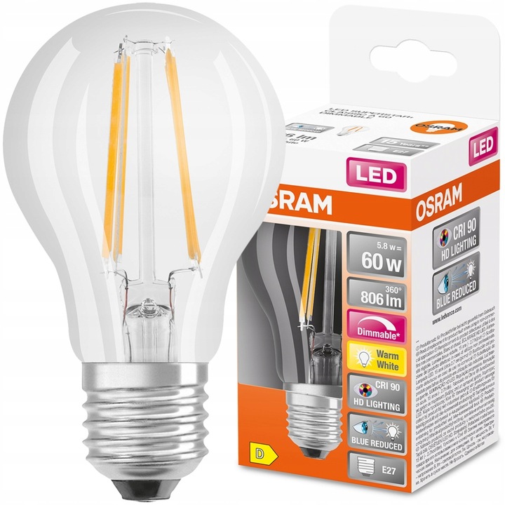 Bec LED, Osram, E27 A60, 5.8W = 60W, 806lm, 2700K, Alb cald